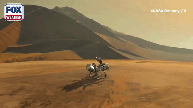 An artist's concept of Dragonfly lifting off from the surface of Titan during it's mission.