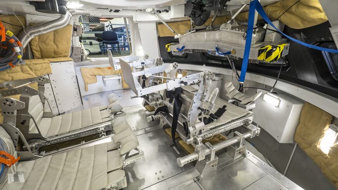 Interior of the Orion Medium Fidelity Mockup at the Johnson Space Center in Houston.