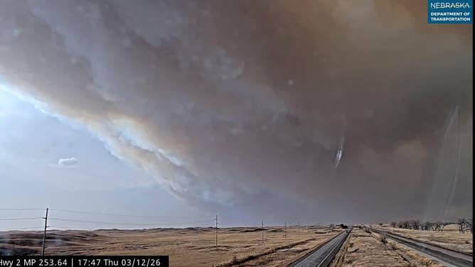 Photo from March 12, 2026 shows thick smoke rising from a wildfire in Nebraska.