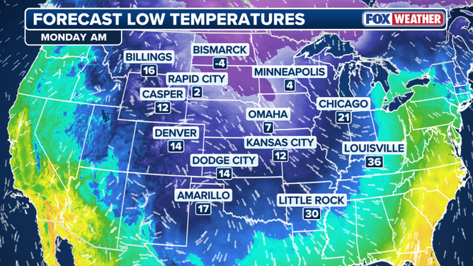 Monday forecast lows