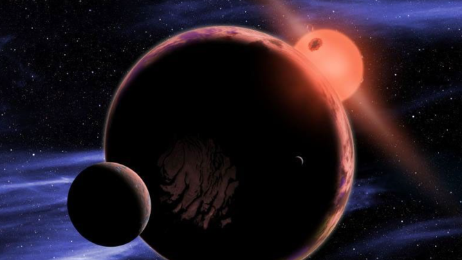 An artists concept of an hypothetical exoplanet orbiting two moons.