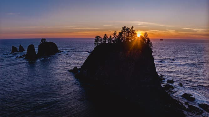 Haystacks, Sea stacks rocks Olympic National Park at sunset show rock formations, Lapush, Washington, Ruby Beach.