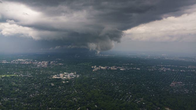 BETHESDA, MARYLAND - MAY 16: In an aerial view, severe thunderstorms move through the Washington, D.C. metropolitan area causing widespread damage on May 16, 2025 in Bethesda, Maryland.
