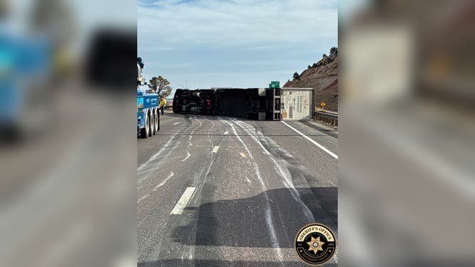 A semi truck blown over on the highway at Lookout Mountain in Colorado on March 12, 2026. 