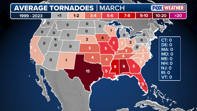 Average number of tornadoes in March by state.