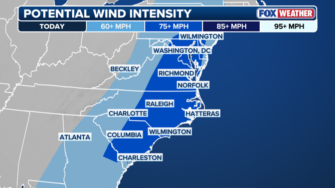 This graphic shows potential wind intensity Monday.