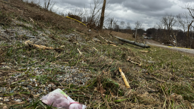 A photo is scattered on a Union City, MI, lawn on March 7 after deadly tornado outbreak