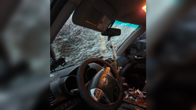 Large hail damages windshield in Bradley, IL, March 10. 