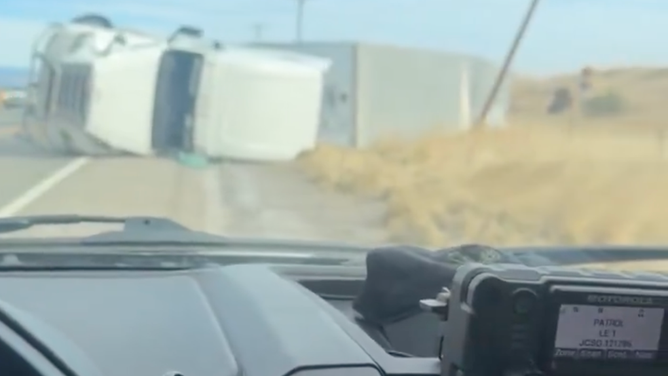 A semi truck blown over on Highway 93 in Jefferson County, Colorado.