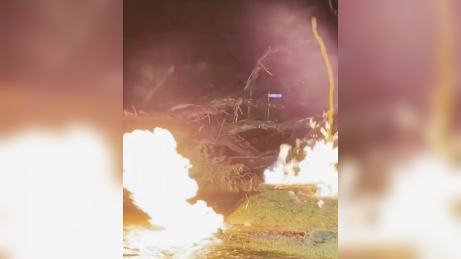 Lightning strike ignites fire and explodes tree in Katoomba, New South Wales, on Monday, March 23.