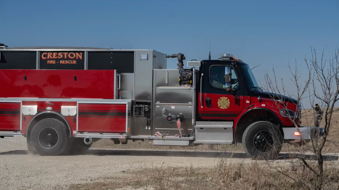 A Creston Fire Department truck responding to the report of a grass fire that turned out to be pollen.