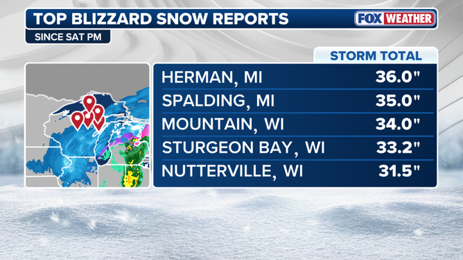 Top blizzard snow reports since Saturday evening
