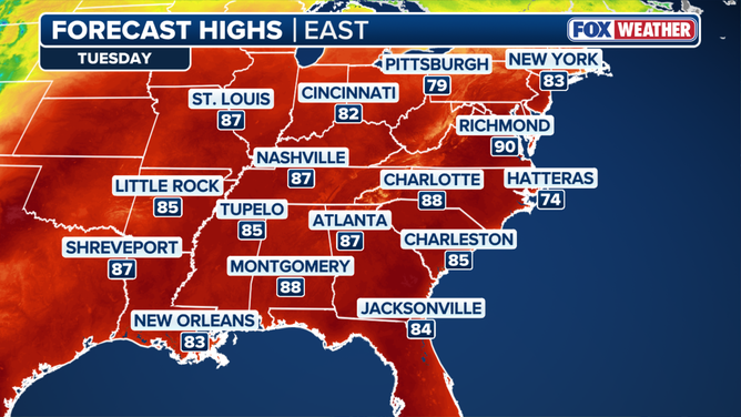 Forecast highs for Tuesday