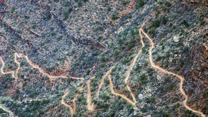 Grand Canyon National Park, Arizona - Switchbacks on Bright Angel Trail. The popular trail descends almost 5,000 feet from the South Rim to the Colorado River.