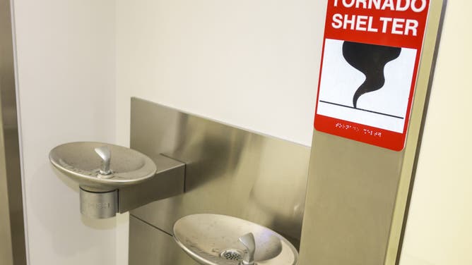 Tornado shelter sign next to water fountain in Lambert-St. Louis International Airport.