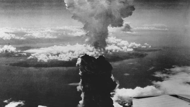 The mushroom cloud from the atomic explosion over Nagasaki, Japan, August 9, 1945.