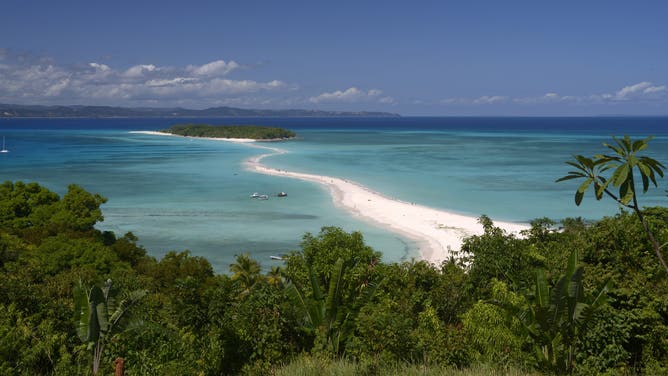 View of the sand isthmus on Nosy Iranja island, Madagascar.
