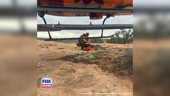 Members of the Grand County Sheriff’s Search and Rescue team arrive at Pritchett Canyon in Utah for a severely injured hiker.