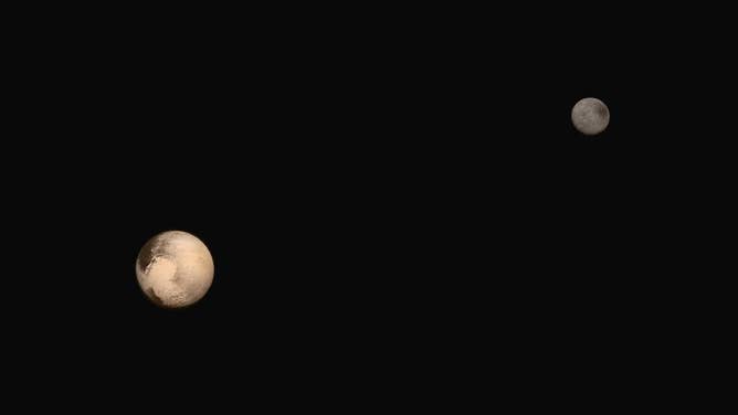 These two images of Pluto and Charon were collected separately by NASA New Horizons during approach on July 13 and July 14, 2015. The relative reflectivity, size, separation, and orientations, and colors are approximated in this composite image, and they are shown in approximate true color.