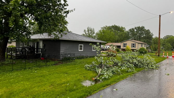Severe storms take down tree limbs in Moberly, Missouri, early Monday.