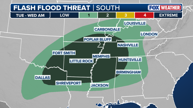 Flash flood threat across the South from Tuesday through Wednesday morning.