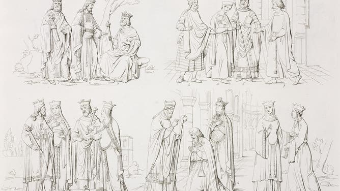 French Merovingians (5th-8th century): Clovis, Clotilde, St Remi, other kings and queens of the first French dynasty, dukes, counts and countesses, France, engraving by Bernati from a drawing by Guglielmi, from Il costume di tutti i tempi e di tutte le nazioni (The costume of all times and all nations), Middle Ages, Plate 63, by Lodovico Menin, 1833-1843, Padua.