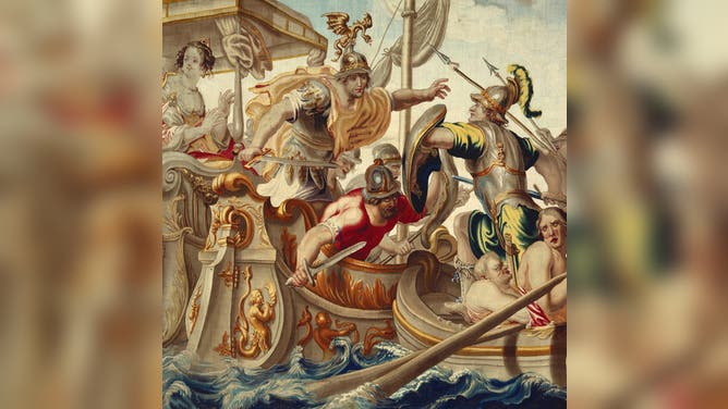 The Battle of Actium, from 'The Story of Caesar and Cleopatra', Brussels, circa 1680. Woven at the workshop of Willem van Leefdael, after a design by Justus van Egmont. Detail from a larger artwork. Artist Willem van Leefdael. 