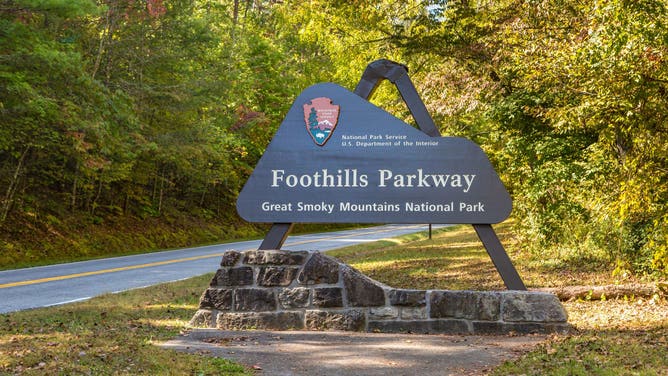 Sign for the Foothills Parkway near Wears Valley, Tennessee in the Great Smoky Mountains National Park.