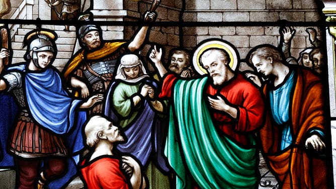 Saint Seine church, Stained glass, The life of the apostle Saint Paul, Paul traveled to many cities to teach about Jesus, Corbigny, France.