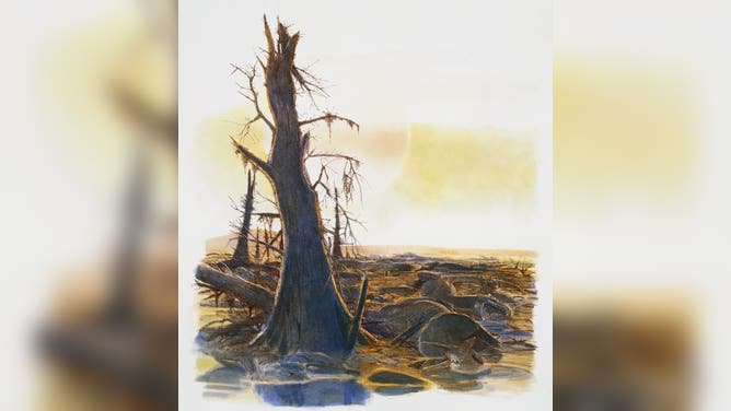 UNSPECIFIED - FEBRUARY 23: Scene of destruction with dead dinosaurs after a meteorite crash. Artwork by James Robins.