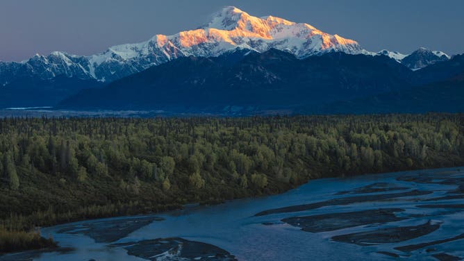 Sunrise on Mnt Denali, Trapper Creek pullout view, Alaska near Mount Denali Lodge.