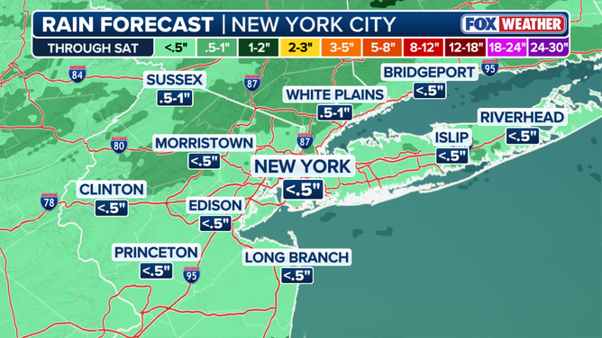 Rainfall forecast across New York City through Saturday.