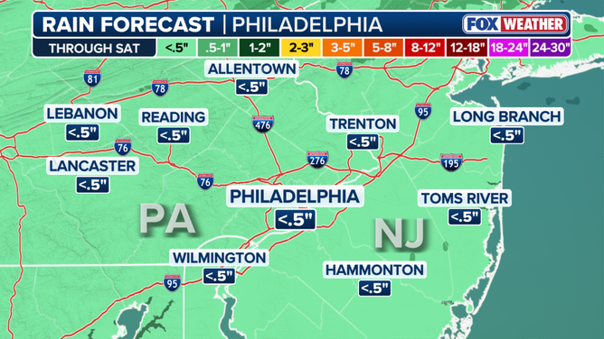 Rainfall forecast across Philadelphia through Saturday.