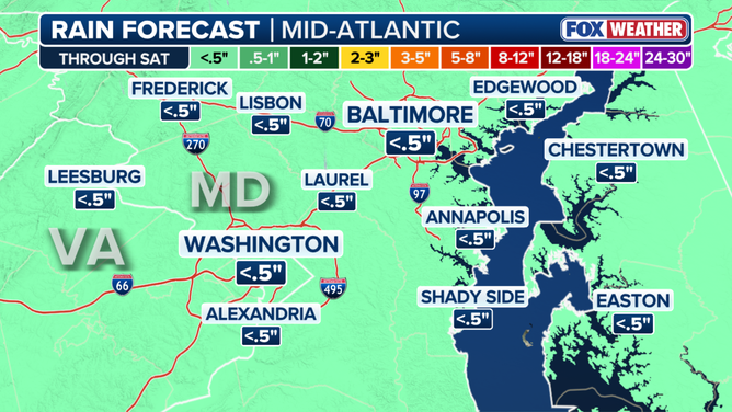 Rainfall forecast across the Mid-Atlantic through Saturday.