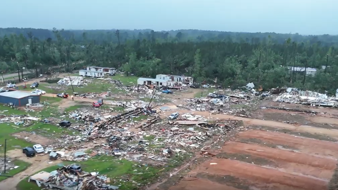 Drone video shows damage at a trailer home community in Bogue Chitto, Mississippi.