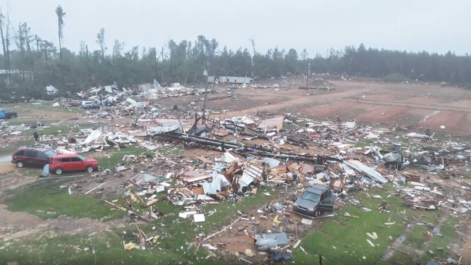 Drone video shows damage at a trailer home community in Bogue Chitto, Mississippi.