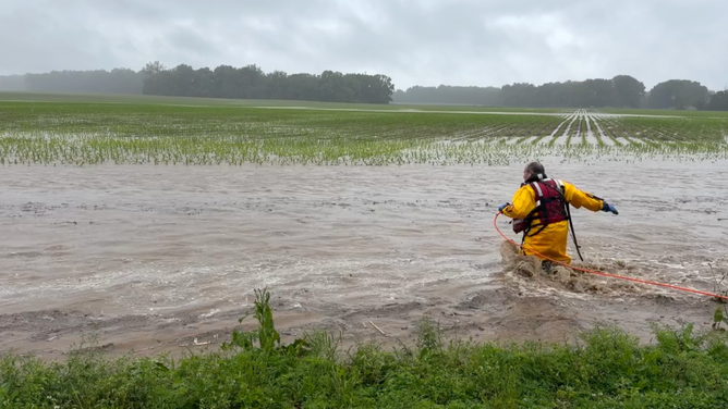 Sinclair runs into the water to save the baby deer.