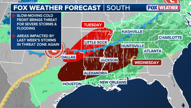 Severe storms expected to develop across the South on Tuesday and Wednesday.