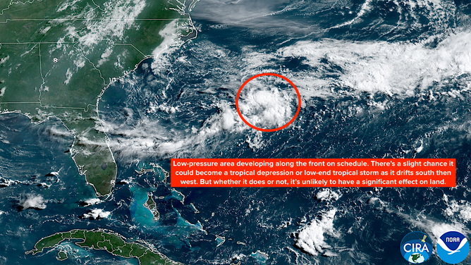 Satellite view of the area of low pressure off the coast of the Southeast US