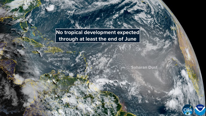 Satellite view of Saharan dust over the Atlantic.