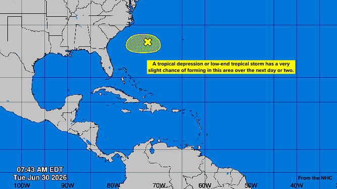 Yellow blob area of low pressure that has the potential to become a tropical depression or low-end tropical storm by mid-week.