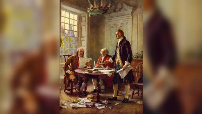 UNSPECIFIED - CIRCA 1754: Writing the Declaration of Independence, 1776': Benjamin Franklin, left, John Adams meeting at Thomas Jefferson's, standing, lodgings in Philadelphia to study a draft of the document. After the painting by J.L.G. Ferris (1863-1930)