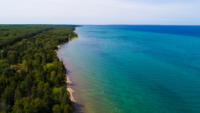 An aerial view along the coast of Lake Huron in the Straights of Mackinac