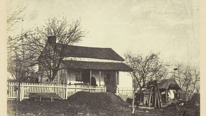Head-Quarters Major General George G. Meade, July 1863. HQ of George G. Meade at Gettysburg, Pennsylvania. Union army general Meade defeated Confederate general Robert E. Lee at the Battle of Gettysburg in the American Civil War. Albumen print, pl. 43 from the album 'Gardner's Photographic Sketch Book of the War, Volume I' (1866). Artist Alexander Gardner.