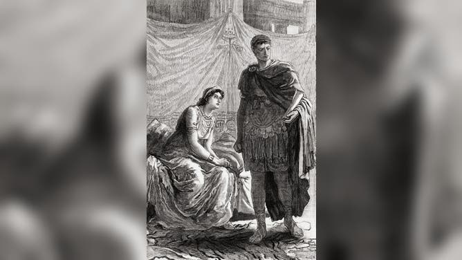 The interview between Cleopatra and Octavian, after his victory over Mark Anthony at the battle of Actium in 31 BC, where she pleads her innocence. Cleopatra VII Philopator, 69 BC – 30 BC. Queen of the Ptolemaic Kingdom of Egypt. Caesar Augustus, 63 BC – AD 14, aka Octavian. First Roman emperor. From Cassell's Illustrated Universal History, published 1883.