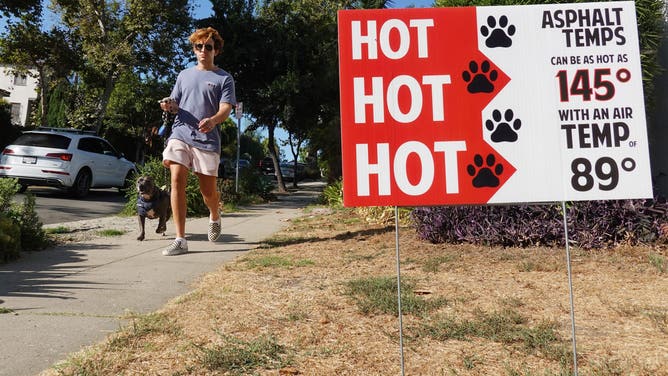 LOS ANGELES, CALIFORNIA - SEPTEMBER 04: A person walks with a dog in the morning, before temperatures climb, past a sign warning of hot asphalt temperatures on September 04, 2024 in Los Angeles, California. A powerful heat wave is impacting Southern California, with an excessive heat warning today through Friday affecting much of the region away from the coastline.