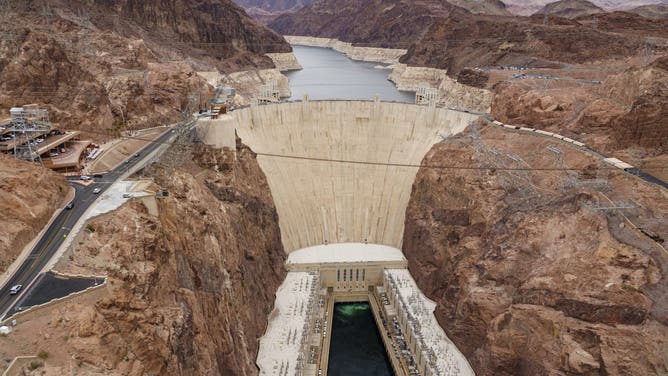 BOULDER CITY, NEVADA- MARCH 14: The Hoover Dam is seen from the Mike O'Callaghan - Pat Tillman Memorial Bridge over the Colorado River on March 14, 2025 in Boulder City, Nevada.