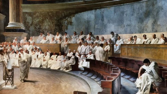 A fresco by Cesare Maccari (1840 1919) depicting Roman senator Cicero (106 43 BCE E) denouncing Catiline's conspiracy to overthrow the Republic in the Roman senate. (Palazzo Madama, Rome). Note: illustrations commonly show the senators arranged in a semicircle around an open space where orators were deemed to stand; in reality the structure of the existing Curia Julia building, which dates in its current form from the Emperor Diocletian, shows that the senators sat in straight and parallel lines on either side of the interior of the building. The Senate was also larger and more dull.