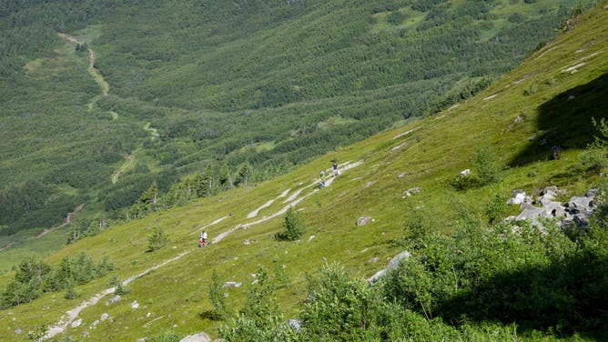 Girdwood, Alaska. Hikers in the Chugach National Forest traversing the trails in the Chugach mountains.