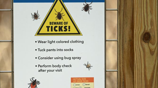 ALBANY, NY - MARCH 12: A sign warns hikers to be aware of ticks at the Rapp Barrens trailhead kiosk in the Pine Bush Preserve on Thursday, March 12, 2026 in Albany, N.Y.